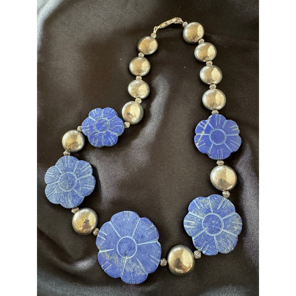 Vintage Heavy Natural Lapis Lazuli Flowers Carved Necklace Statement Piece 19"